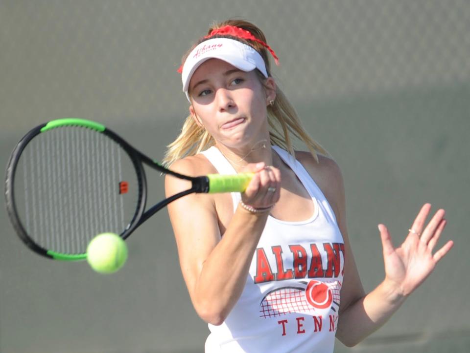 Albany's Sarah Cotter hits a ball in the Class 2A girls singles state title match last year in San Antonio.