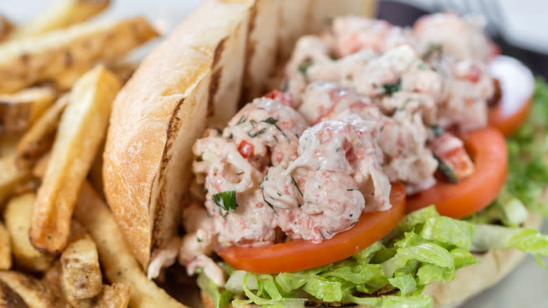 Lobster on po'boy sandwich with fries