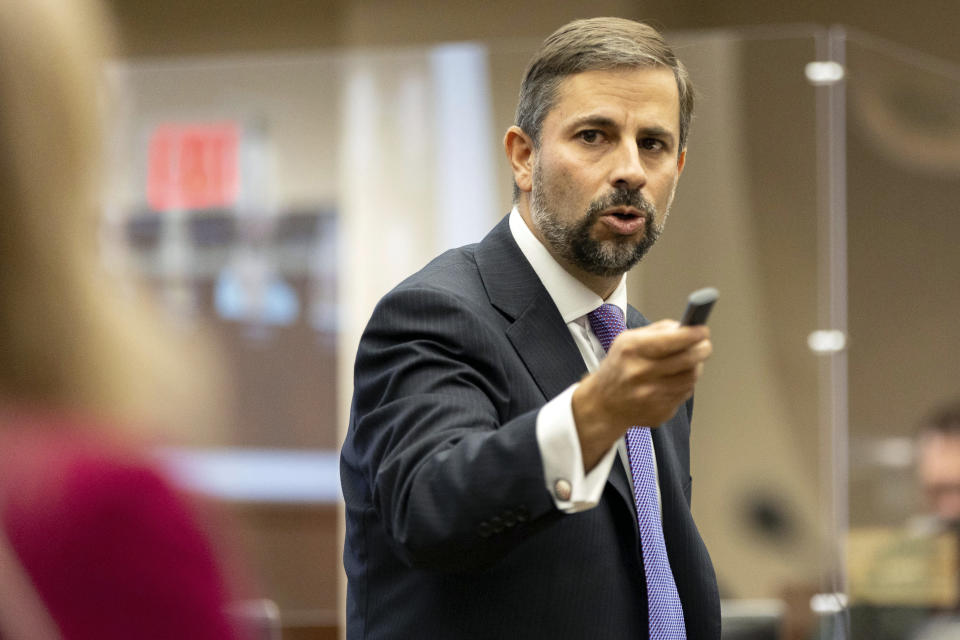 Defense attorney Daniel Rashbaum presents his closing arguments in the trial for his client Charlie Adelson on Monday, Nov. 6, 2023, in Tallahassee, Fla. Adelson, a Florida dentist on trial in a murder-for-hire case involving the 2014 slaying of his ex-brother-in-law, claims he was a victim of extortion by the killers. (Alicia Devine/Tallahassee Democrat via AP, Pool)