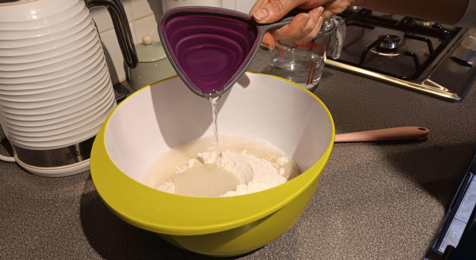 Adding water to no-knead bread mix