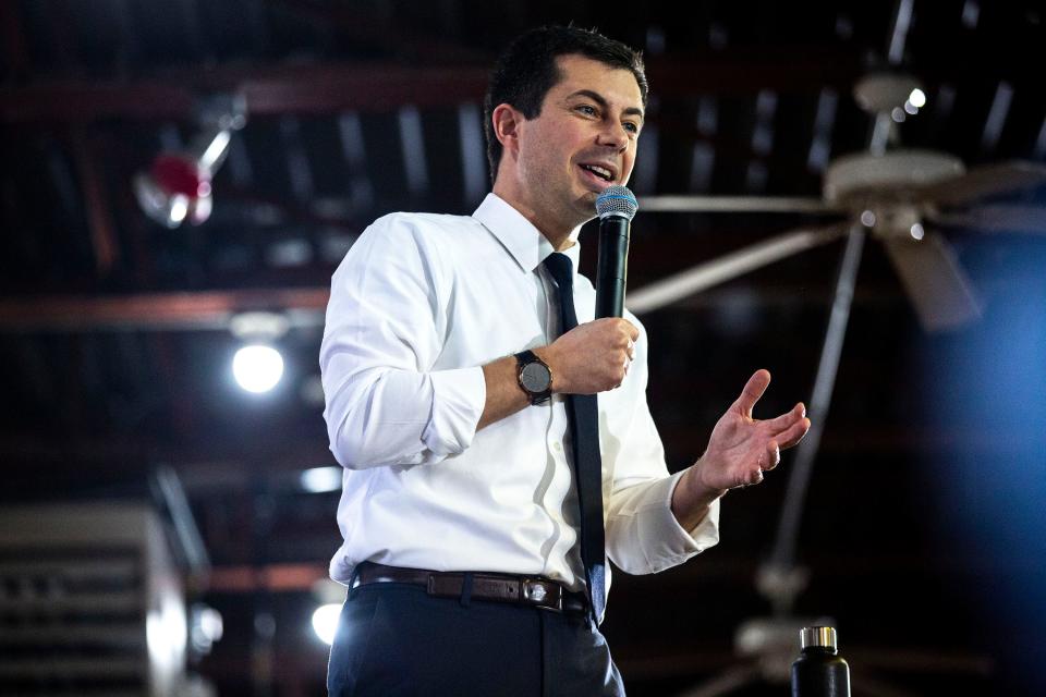 South Bend, Indiana Mayor Pete Buttigieg speaks at a campaign event on Sunday, Dec. 29, 2019, at the Skate Pit in Knoxville, Iowa. 