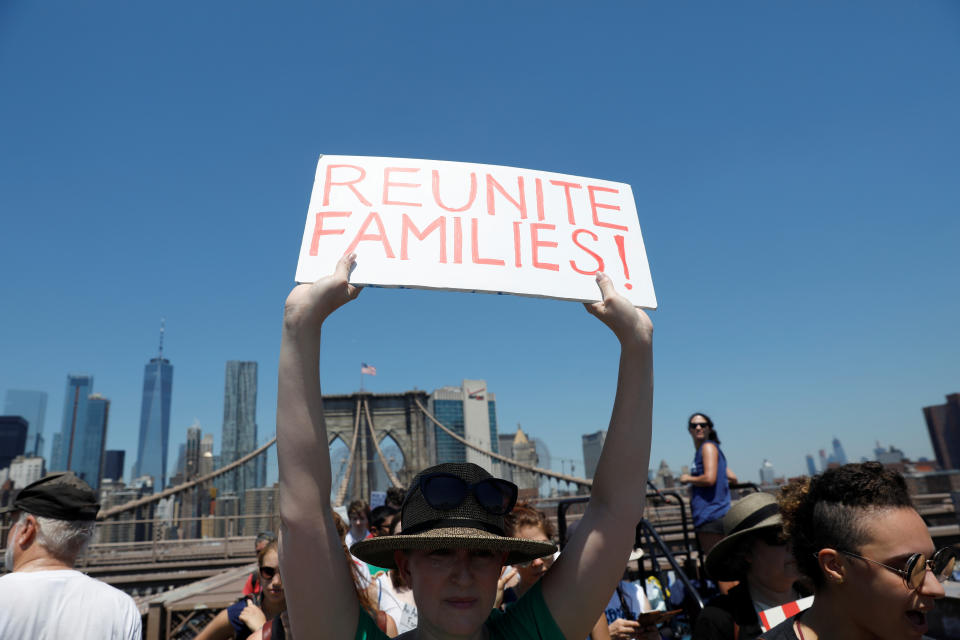 <p>Demonstrators cross the Brooklyn Bridge during “Keep Families Together” march to protest Trump administration’s immigration policy in New York, June 30, 2018. (Photo: Shannon Stapleton/Reuters) </p>