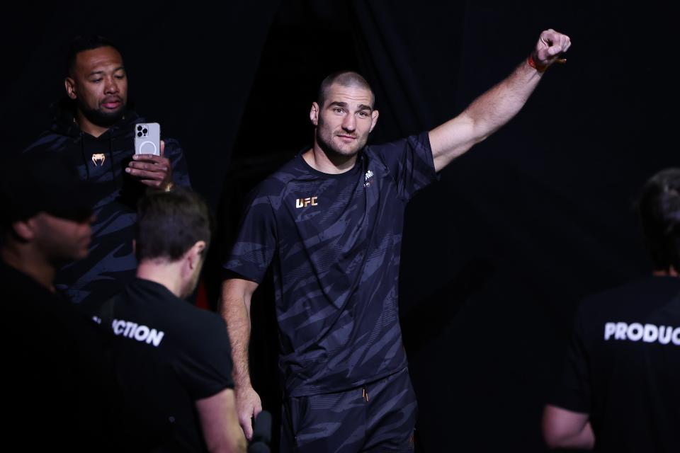 NEWARK, NEW JERSEY - MAY 31: Sean Strickland is introduced during the UFC 302 Ceremonial Weigh-in at Prudential Center on May 31, 2024 in Newark, New Jersey. (Photo by Luke Hales/Getty Images)