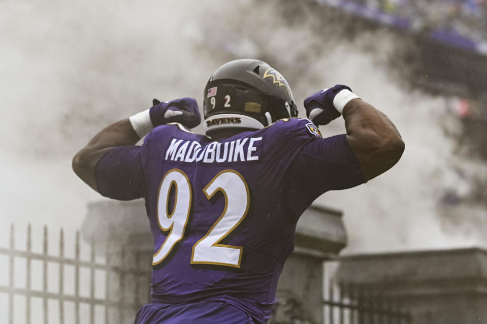 Dec 10, 2023; Baltimore, Maryland, USA; Baltimore Ravens defensive tackle Justin Madubuike (92) enters the field before the game against the Los Angeles Rams during the at M&T Bank Stadium. Mandatory Credit: Tommy Gilligan-USA TODAY Sports