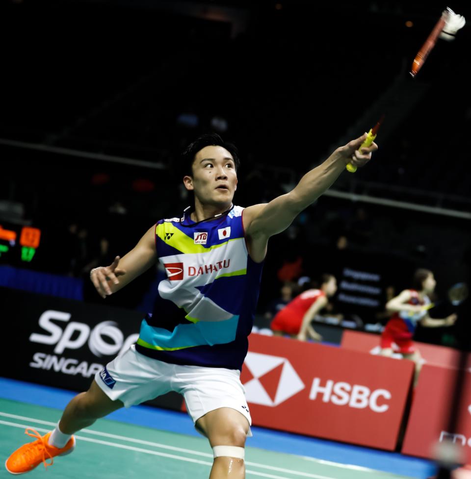 World No. 1 men’s shuttler Kento Momota of Japan in action against India’s H.S. Prannoy in the round of 16 at the Singapore Badminton Open. (PHOTO: Singapore Badminton Open)