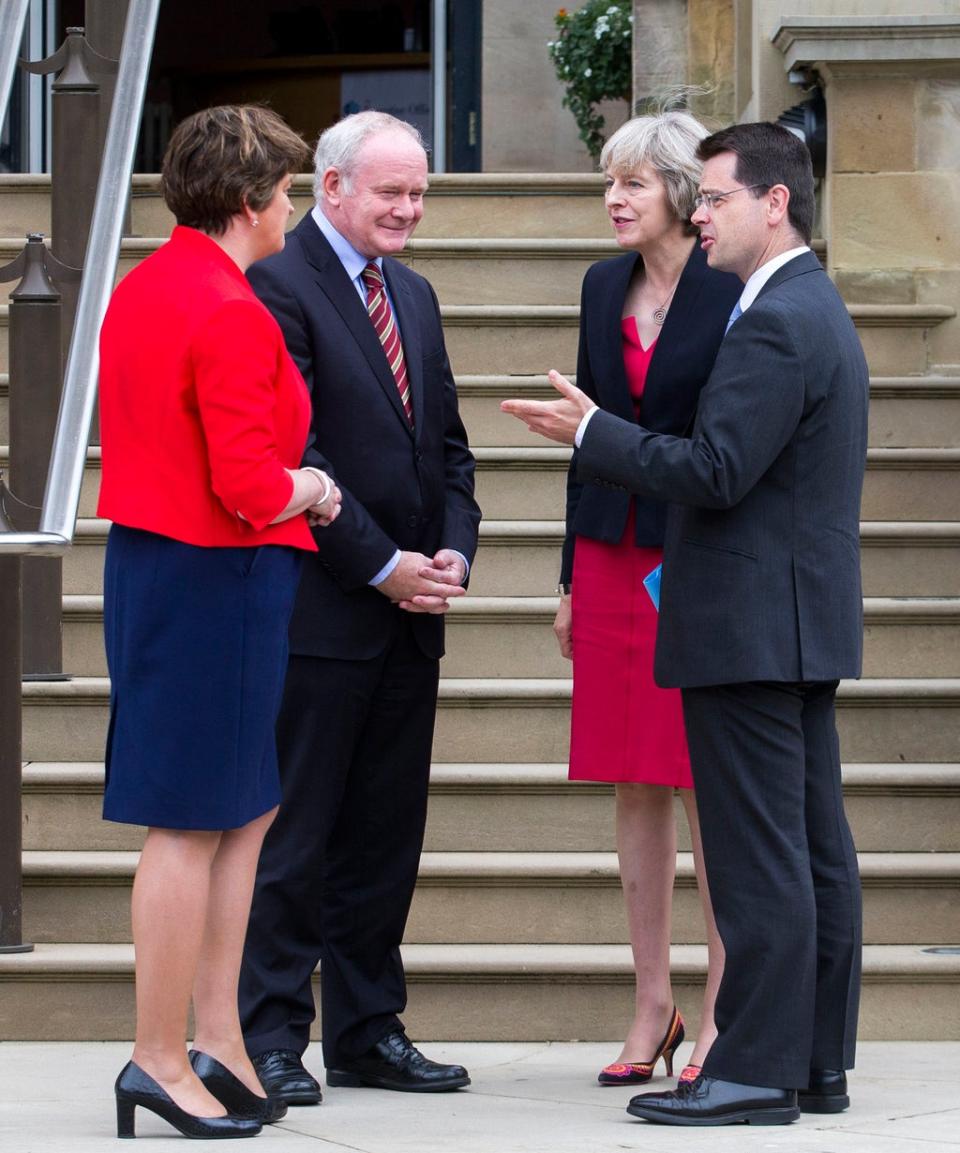 James Brokenshire and former prime minister Theresa May meet ex-first minister Arlene Foster and late deputy first minister Martin McGuinness (Liam McBurney/PA) (PA Archive)