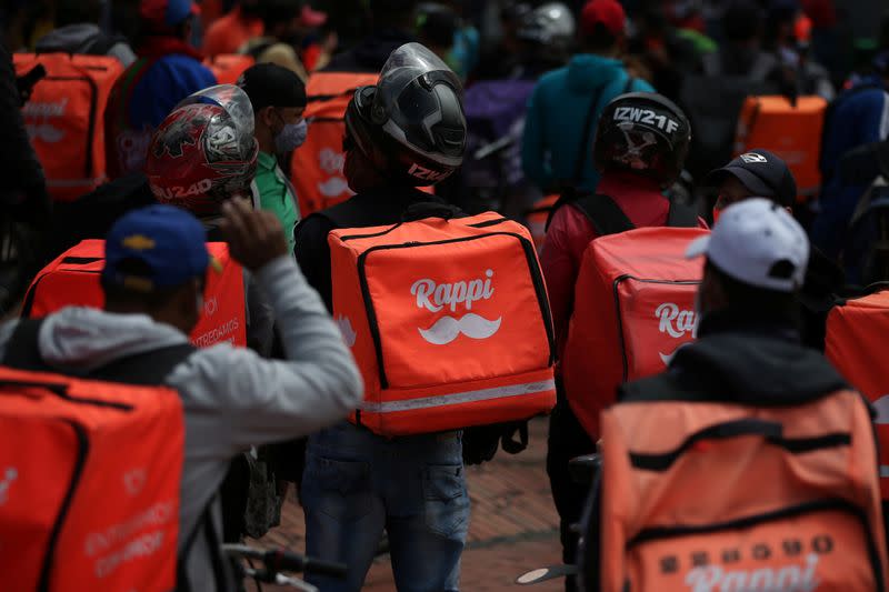 Delivery workers for Rappi and other delivery apps protest as part of a strike to demand better wages and working conditions, amid the coronavirus disease (COVID-19) outbreak, in Bogota