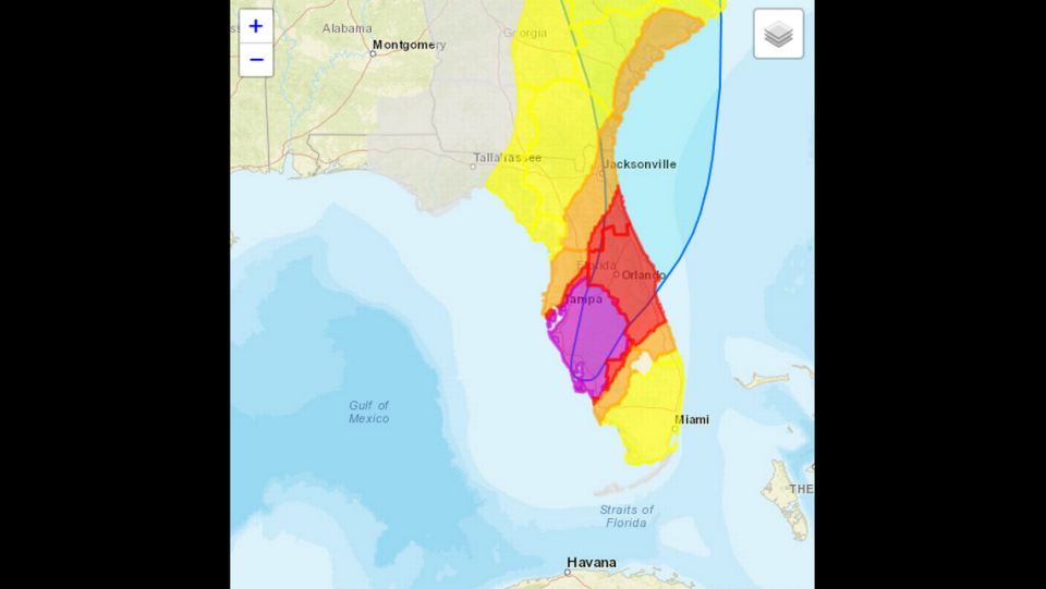 A screenshot of the National Weather Service’s predicted wind threat for Florida. Some parts of the state could feel Hurricane Ian’s tropical-storm-force winds while other areas could feel its hurricane-force winds.