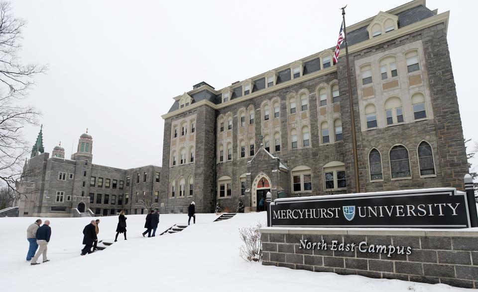 In this Feb. 6, 2020, file photo, local business, political and civic leaders visit Mercyhurst North East to discuss future economic possibilities related to the pending sale of the campus after a tour of downtown North East.