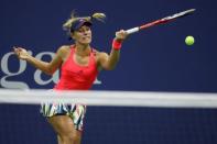 Sep 4, 2016; New York, NY, USA; Angelique Kerber of Germany hits a forehand against Petra Kvitova of the Czech Republic (not pictured) on day seven of the 2016 U.S. Open tennis tournament at USTA Billie Jean King National Tennis Center. Kerber won 6-3, 7-5. Mandatory Credit: Geoff Burke-USA TODAY Sports