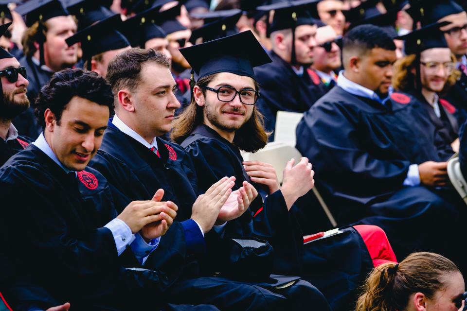 Graduates from the Wabash College Class of 2022 enjoy the commencement ceremony. On Saturday, Wabash College will celebrate its 185th Commencement Ceremony at 2:30 p.m. in Little Giant Stadium.