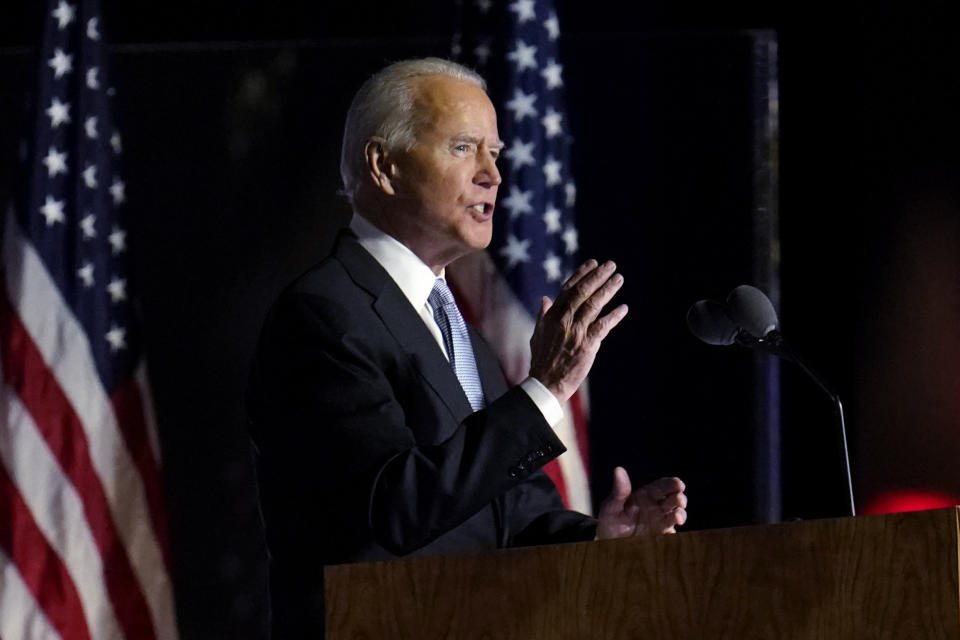President-elect Joe Biden speaks in Wilmington, Del., Saturday, Nov. 7, 2020. (AP Photo/Paul Sancya)