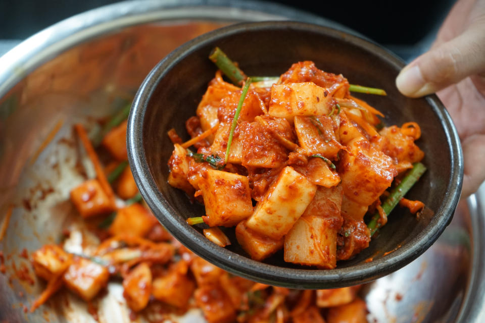 kimchi in a steel bowl close up