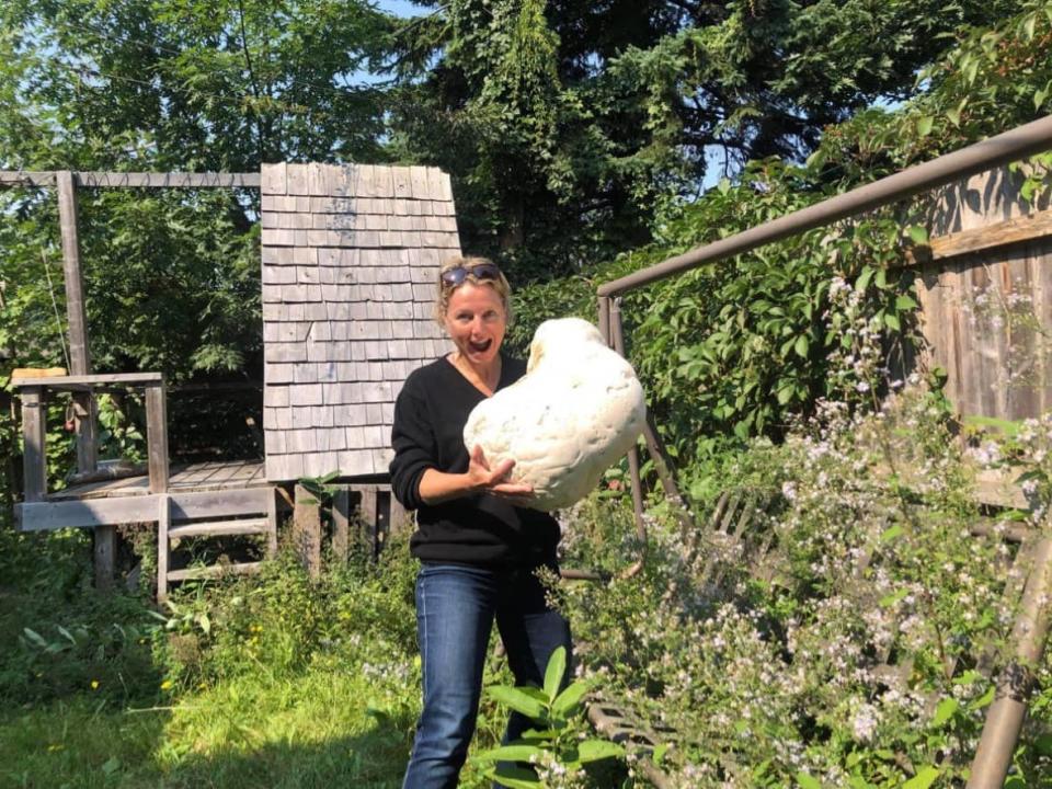Mélanie Greffard and her husband found this giant puffball in a corner of their backyard, near their children's wooden play structure. (Submitted by Mélanie Greffard - image credit)