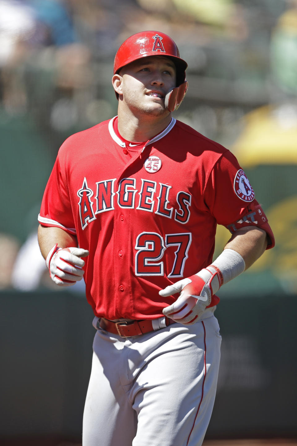 Los Angeles Angels' Mike Trout runs the bases after hitting a two-run home run off Oakland Athletics' Brett Anderson in the third inning of a baseball game Thursday, Sept. 5, 2019, in Oakland, Calif. (AP Photo/Ben Margot)