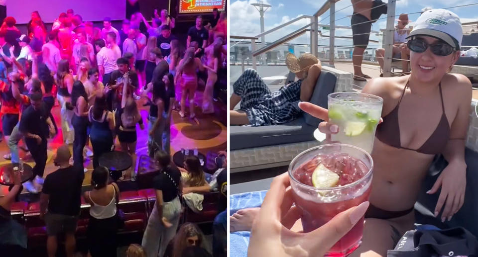 A nightclub scene on a cruise (left) and two female passengers enjoy a drink by the pool (right)