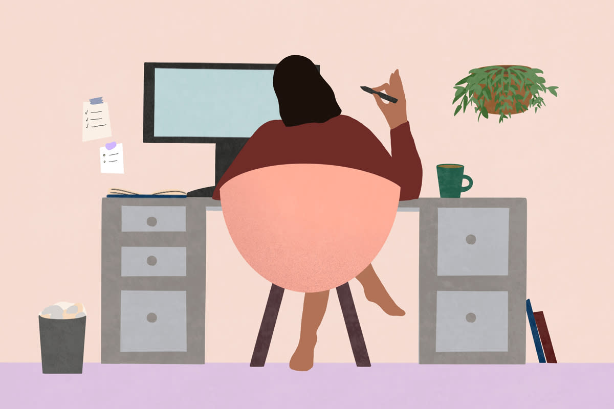 A person works from home at a desk in this illustration.