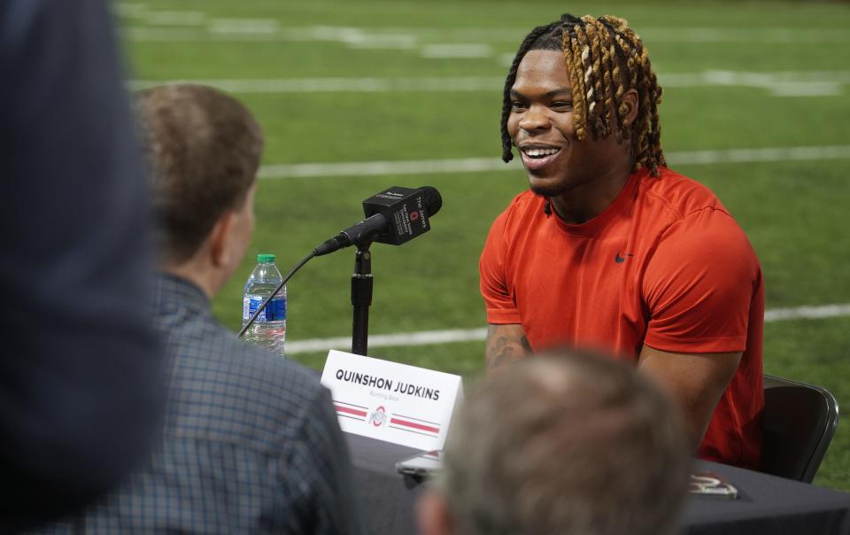 Jan 30, 2024; Columbus, Ohio, USA; Ohio State University football transfer Quinshon Judkins talks with the Columbus media during his first sit-down interview since transferring.