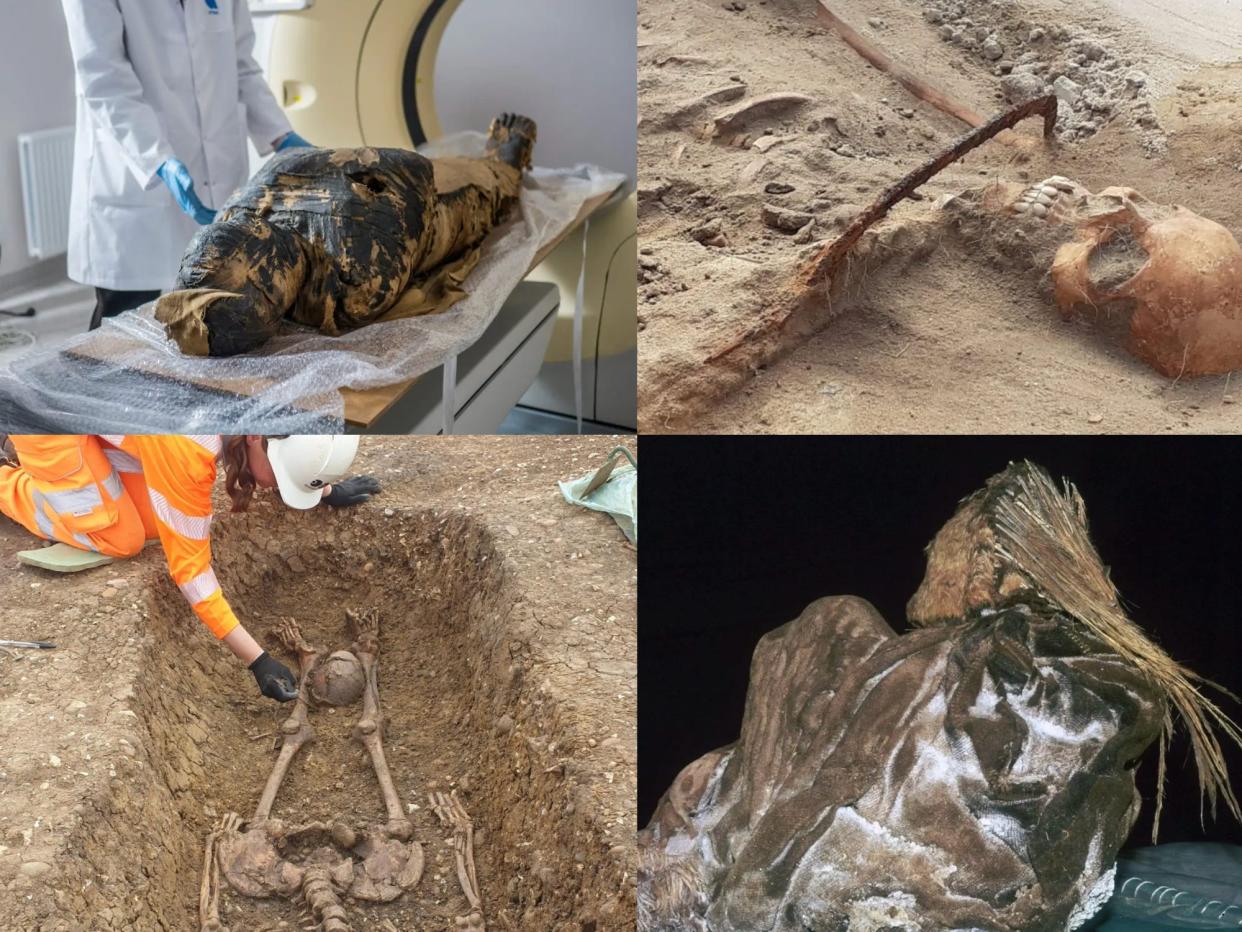 PIctures show examples of human remains described in the copy. Left to right, top to bottom, those are: a mummy on a scanner, a skeleton with a sickle across its neck, a beheaded skeleton, and a mummified Inca child