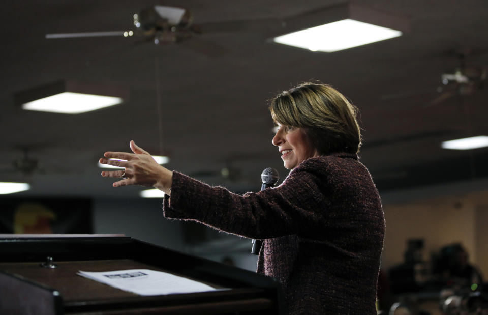 Democratic presidential candidate Sen. Amy Klobuchar, D-Minn., speaks at a culinary workers union hall Saturday, Jan. 11, 2020, in Las Vegas. (AP Photo/John Locher)