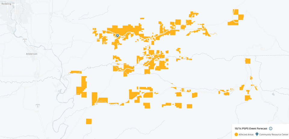 A map shows PG&E's locations in Shasta and Tehama counties where the utility's public safety power shutoff is planned starting later on Wednesday, Oct. 14, 2020. The maps shows places east of Anderson in eastern Shasta County stretching from Dersch Road, past Viola to areas near the intersection of Highways 44 and 89. Nearly 4,700 customers in Shasta County and 1,230 in Tehama County could see their power shut off about 6 p.m. Wednesday due to dangerous fire weather.