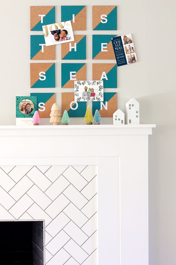 <p>These cork board tiles are so pretty, you'll want to leave them up all year round.</p><p>Get the tutorial at <a href="https://go.redirectingat.com?id=74968X1596630&url=https%3A%2F%2Fwww.minted.com%2Fjulep%2F2016%2F11%2F28%2Fdiy-cork-tile-christmas-card-display%2F&sref=https%3A%2F%2Fwww.housebeautiful.com%2Fentertaining%2Fholidays-celebrations%2Fg22691991%2Fdiy-christmas-card-holders%2F" rel="nofollow noopener" target="_blank" data-ylk="slk:You Are My Fave;elm:context_link;itc:0;sec:content-canvas" class="link ">You Are My Fave</a>.</p>