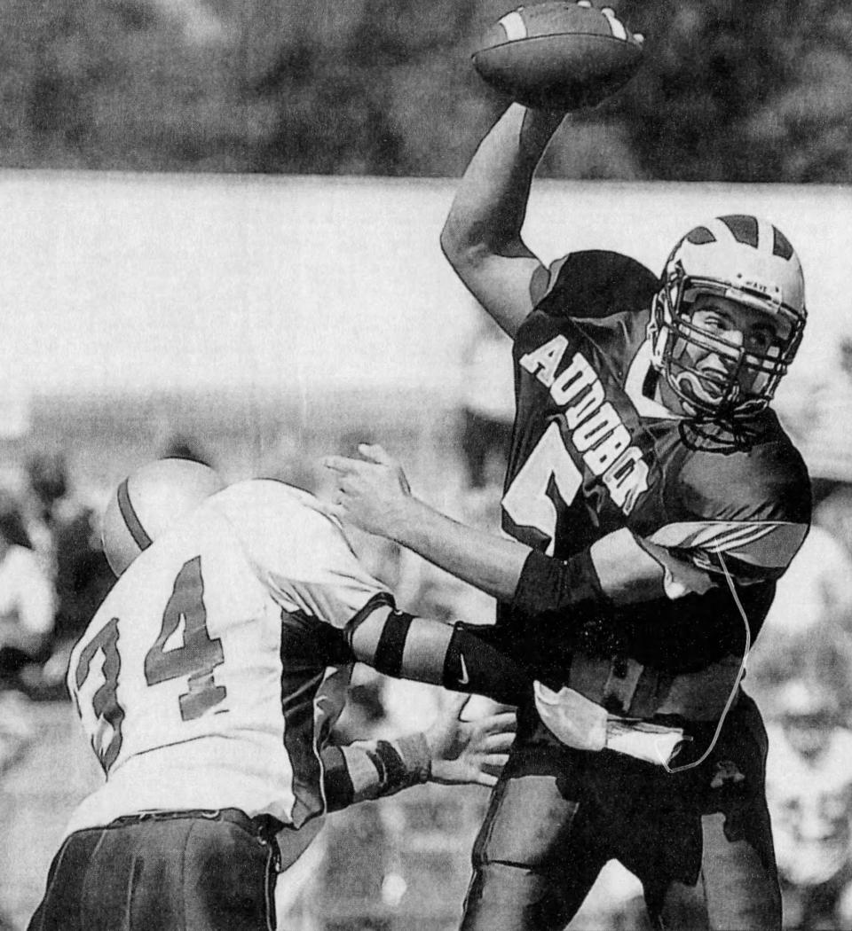 Audubon senior quarterback Joe Flacco (5) had a mammoth day in a 64-35 loss to West Deptford, going 37-for-55 for 471 yards and 3 touchdowns. Flacco also ran for 2 TDs and caught 2 two-pointers. SCOTT ANDERSON/Courier-Post. Originally published Nov. 11, 2002, page 5E.