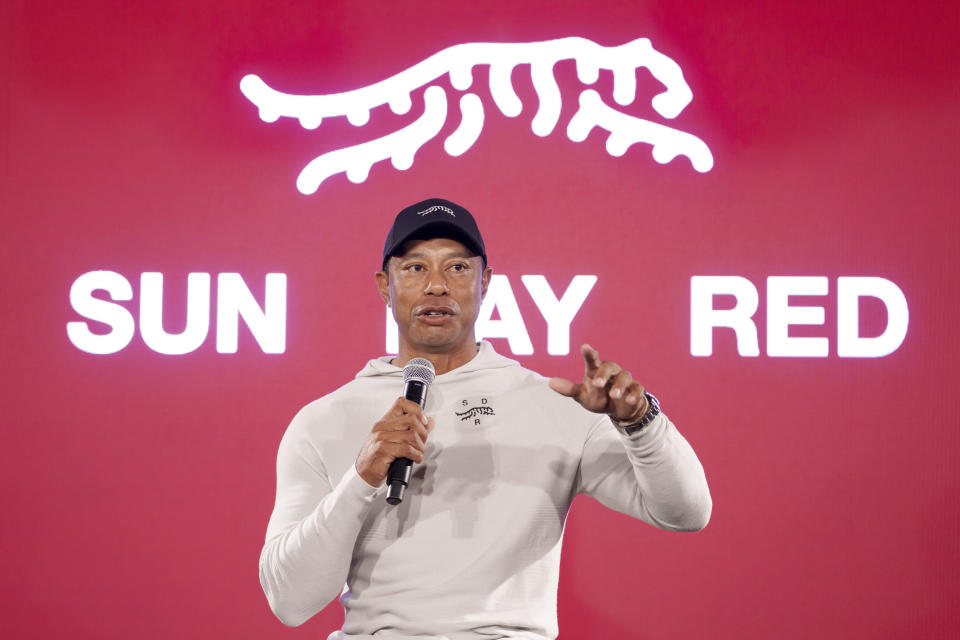 Tiger Woods speaks at a news conference ahead of the Genesis Open golf tournament, Monday, Feb. 12, 2024, in the Pacific Palisades area of Los Angeles. (AP Photo/Eric Thayer)