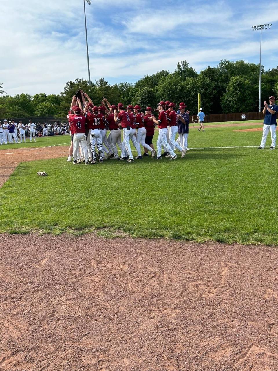 The Gibault baseball team celebrates after defeating Jacksonville Routt 7-3 in the Springfield Lincoln-Land Community College Super-Sectional on Monday, May 31, to advance to state. The Hawks (22-14) open play at state against Goreville at 10 a.m. Friday, June 2, at Dozer Park in Peoria.