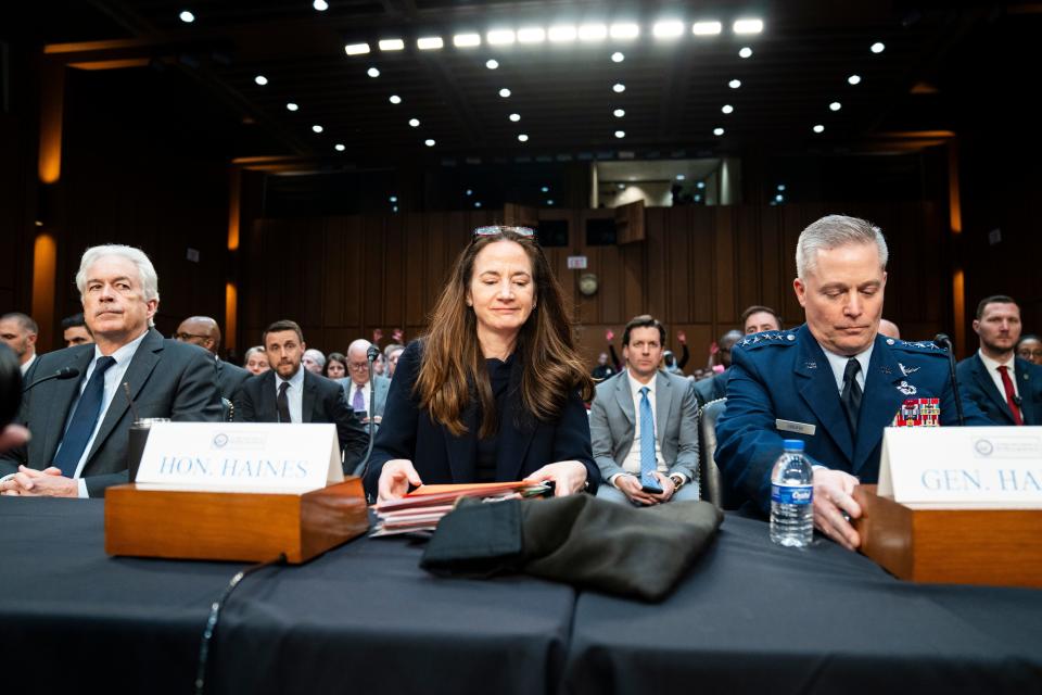 From left, CIA director William Burns, ODNI director Avril Haines and NSA/CSS director Timothy Haugh prepare for a hearing on worldwide threats in front of the Senate Select Committee on Intelligence on March 11, 2024, in Washington.