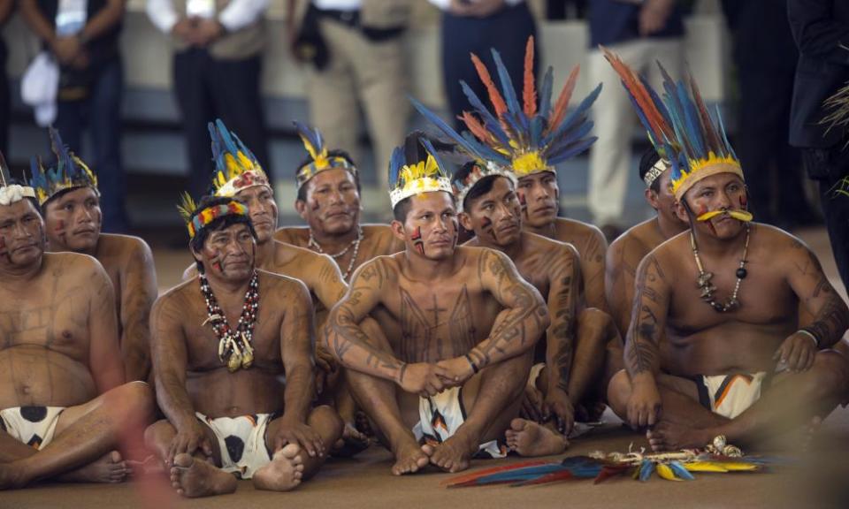 Indigenous representatives listen to Pope Francis in Puerto Maldonado, Peru, on Friday.