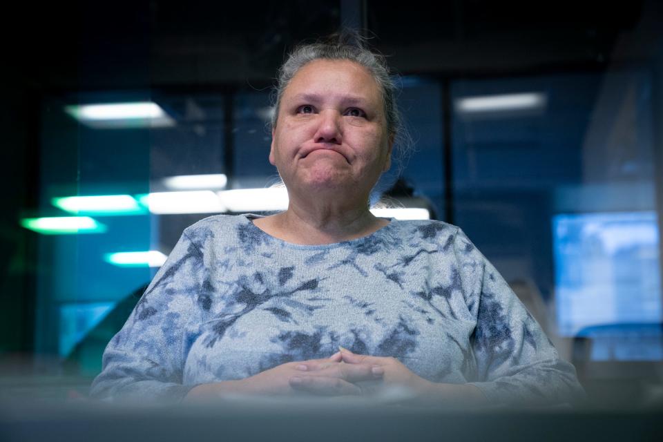 Lorrie Kemp, 58, of Oscoda, is frustrated as she talks about her son Armani Kelly on Wednesday, Feb. 1, 2023, at the Detroit Free Press. Armani Kelly is one of three men that have been missing since Jan. 21 when they were supposed to perform at a Detroit club, but the event was canceled.