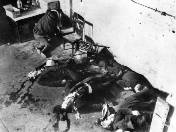Five of the seven ‘Bugs’ Moran gang members gunned down by Al Capone’s Chicago Outfit on 14 February 1929 (Rex)