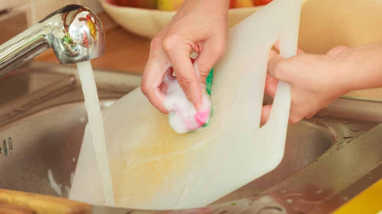 Hand washing a cutting board