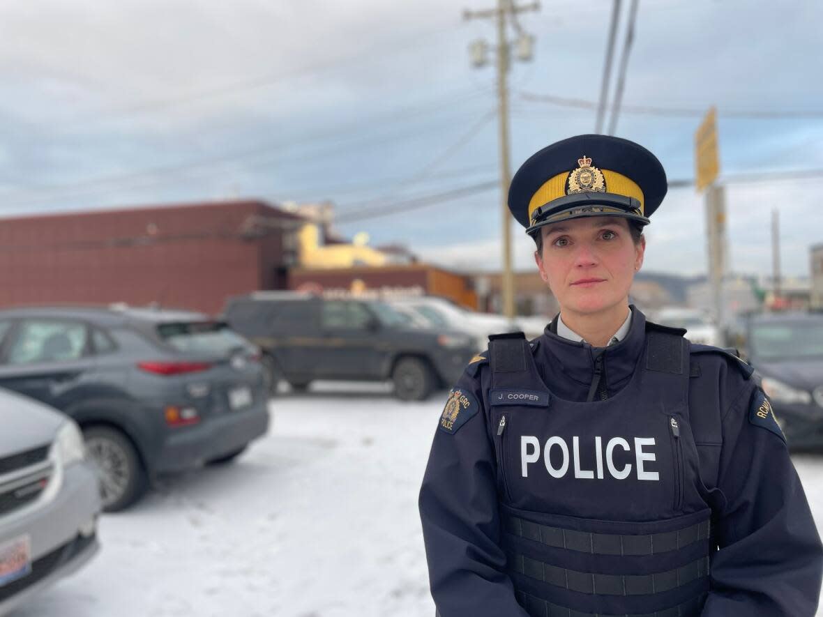 RCMP Cpl. Jennifer Cooper outside a COVID-19 vaccination clinic in Prince George, B.C. (Andrew Kurjata/CBC - image credit)