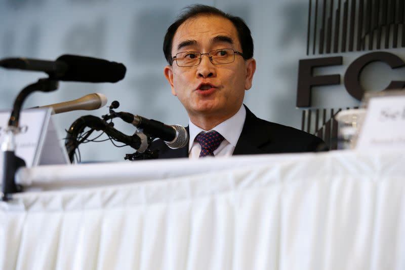 Thae Yong Ho, North Korea's former deputy ambassador to Britain, speaks during a news conference, ahead of the country's general election in April, in Seoul