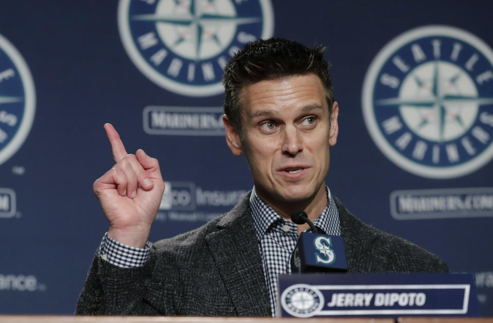 Seattle Mariners general manager Jerry Dipoto speaks Thursday, Jan. 25, 2018, in Seattle, during the Mariners annual media briefing before the start of spring training baseball. (AP Photo/Ted S. Warren)