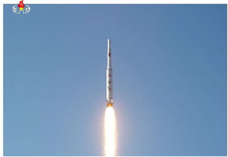 A North Korean long range rocket is launched into the air in this still image taken from KRT video footage, released by Yonhap on February 7, 2016. REUTERS/Yonhap