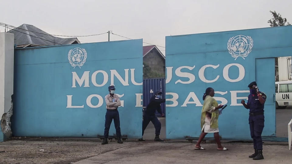 In this images made from video, the gate of the United Nations base where the Italian ambassador to Congo was taken after the convoy in which he was traveling was attacked, in Goma, North Kivu province, Congo Monday, Feb. 22, 2021. The Italian ambassador to Congo Luca Attanasio, an Italian carabineri police officer and their Congolese driver were killed Monday in an attack on a U.N. convoy in an area that is home to myriad rebel groups, the Foreign Ministry and local people said. (AP Photo/Justin Kabumba)