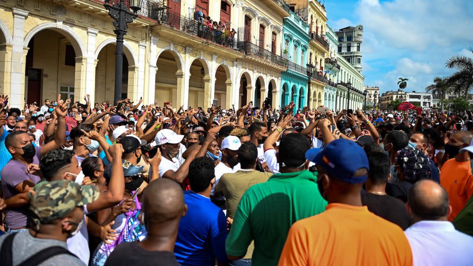 People take part in a demonstration against the government of Cuban President Miguel Diaz-Canel in Havana, on July 11, 2021. - Yamil Lage/AFP via Getty Images