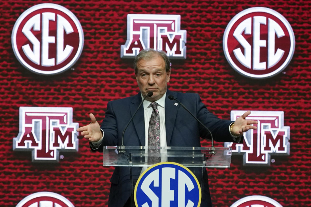 Texas A&M head coach Jimbo Fisher has recruited elite talent and won a lot of games in his time with the Aggies, but he has yet to turn the program into a legitimate national title contender. (AP Photo/John Bazemore)