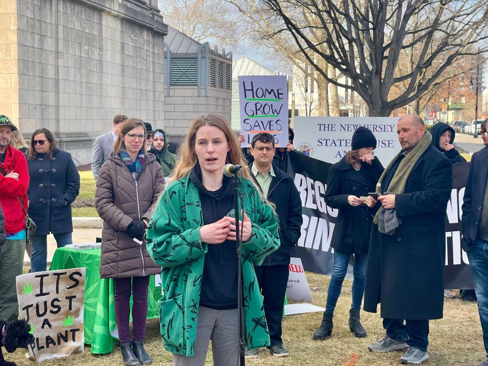 Baked by the River dispensary owner Jesse Marie Villars, at microphone, calls for New Jersey legislators to pass a law allowing consumers and patients to grow cannabis at home during a rally at the New Jersey Statehouse on Feb. 22, 2024.