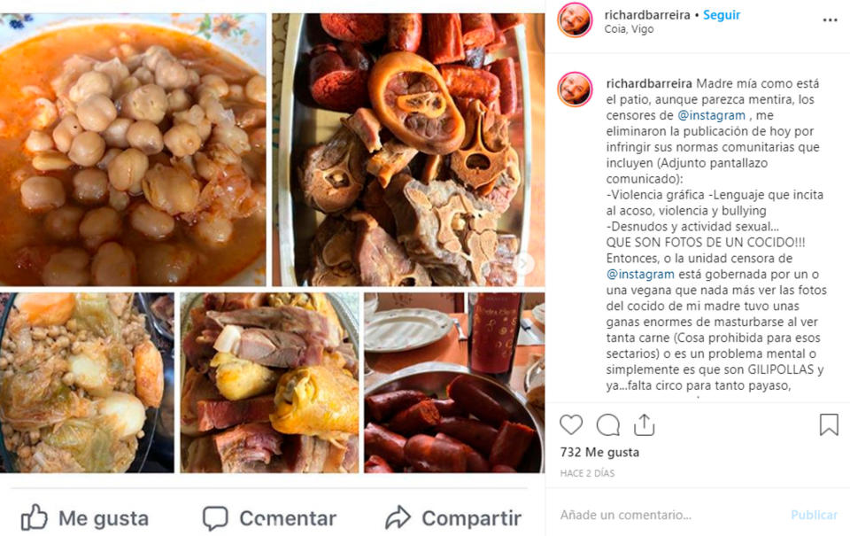 The Instagram photos Richard Barreira Banos posted of the stew, which contains vegetables, chickpeas, chorizo sausage and other lumps of meat.