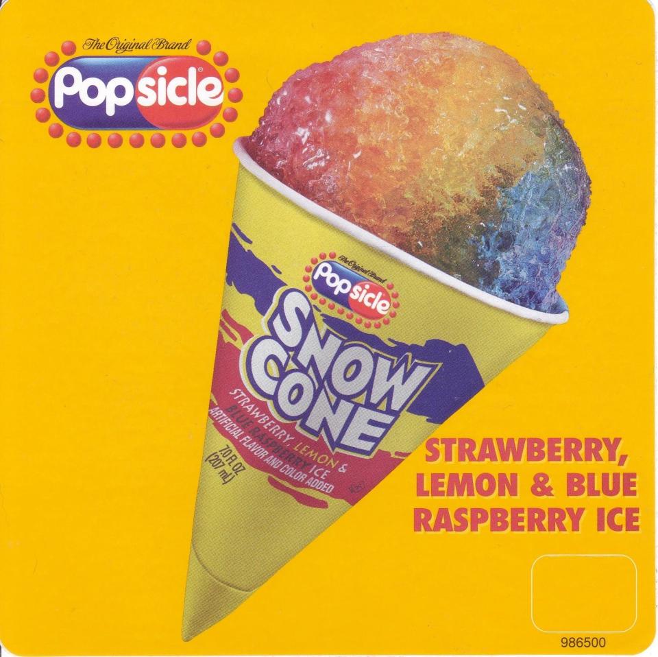 An advertisement for Popsicle's rainbow snow cones