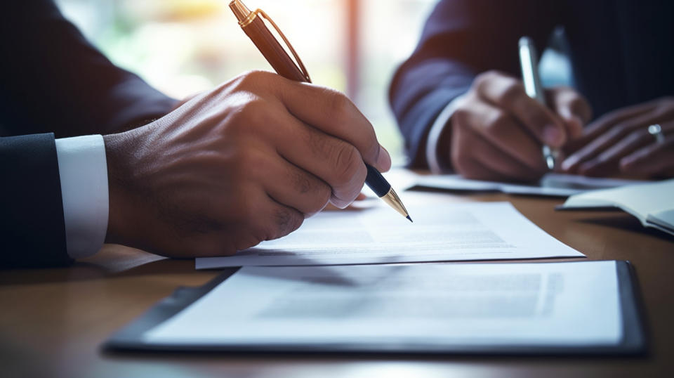 A business loan officer working with a client on a new loan agreement.