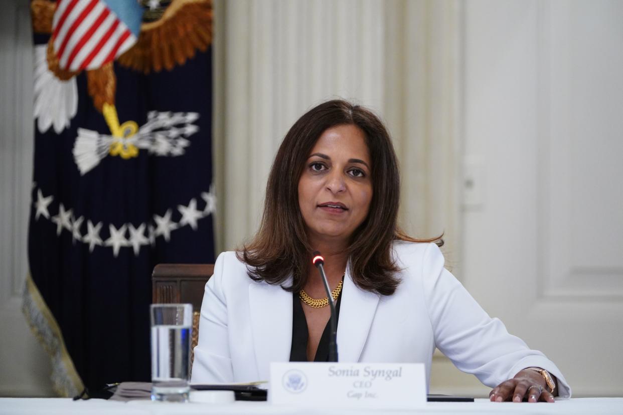 CEO of Gap Inc. Sonia Syngal speaks during a roundtable discussion with industry executives and US President Donald Trump on reopening the country, in the State Dining Room of the White House in Washington, DC on May 29, 2020. (Photo by MANDEL NGAN / AFP) (Photo by MANDEL NGAN/AFP via Getty Images)