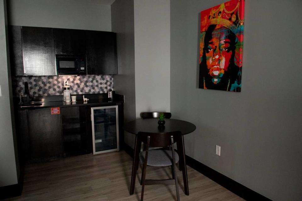 A kitchenette inside the rapper themed room at The Bella, a boutique hotel in Biloxi, on Wednesday, Sept. 13, 2023. The hotel’s rooms all have different modern themes related to today’s pop culture.