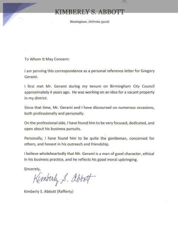 Former Birmingham City Councilwoman Kim Abbott said she wrote this letter of reference for Gregory Geramie to use in a lawsuit.