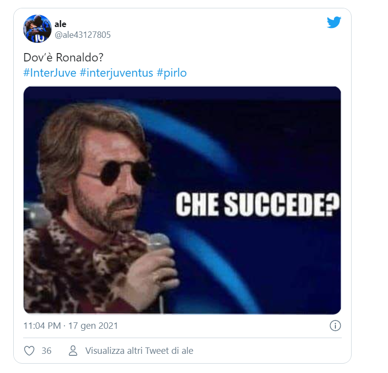 Il giorno dopo il “derby d’Italia” i bianconeri sono diventati i protagonisti degli sfottò degli utenti e non sono mancati meme con Pirlo in versione Morgan e Lukaku, che nei panni di un pittore, ha iniziato a dipingere di azzurro una zebra.