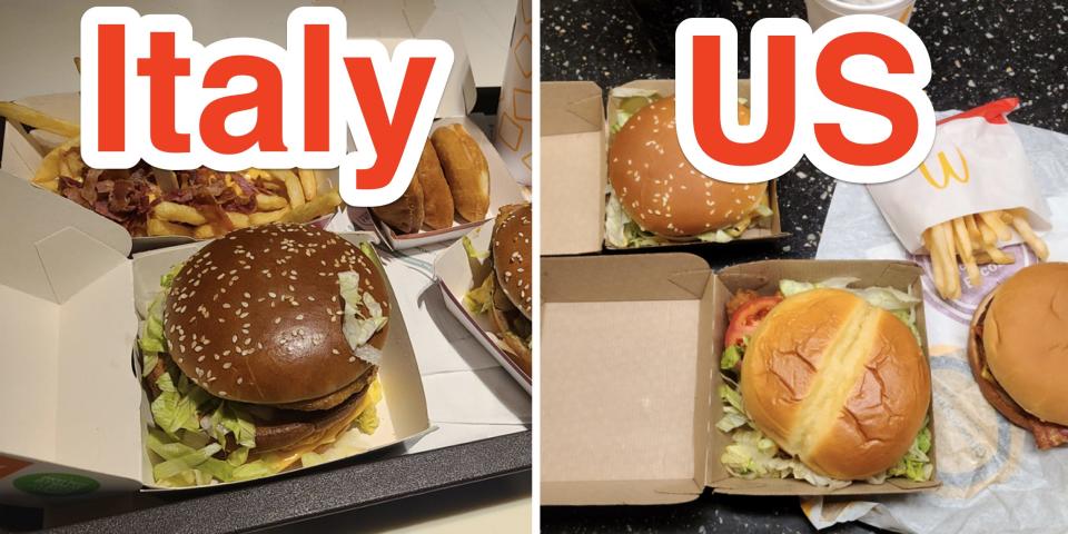 tray of bugers and food from italian mcdonalds labeled "italy" and table of burgers and food from us mcdonalds labeled "us"